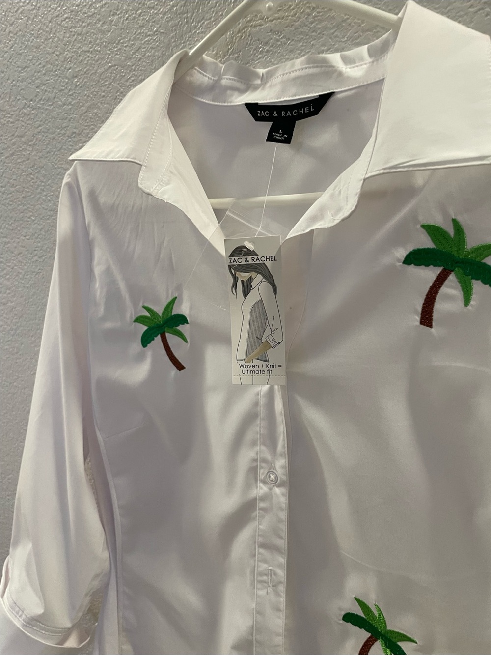 Zac & Rachel White Button-Up Shirt with Green Palm Embroidery